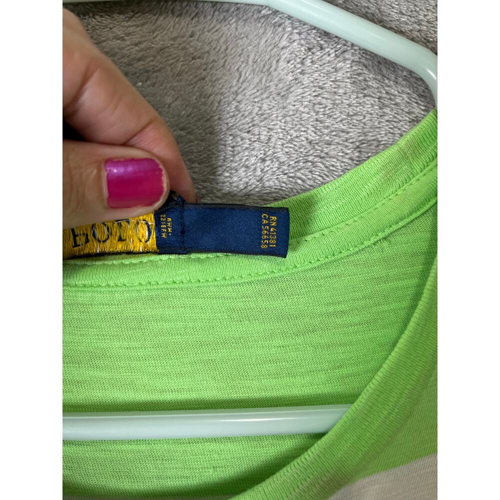 Polo Ralph Lauren Stripe T Shirt Dress Neon Green White Pocket Women's Medium - Picture 6 of 6
